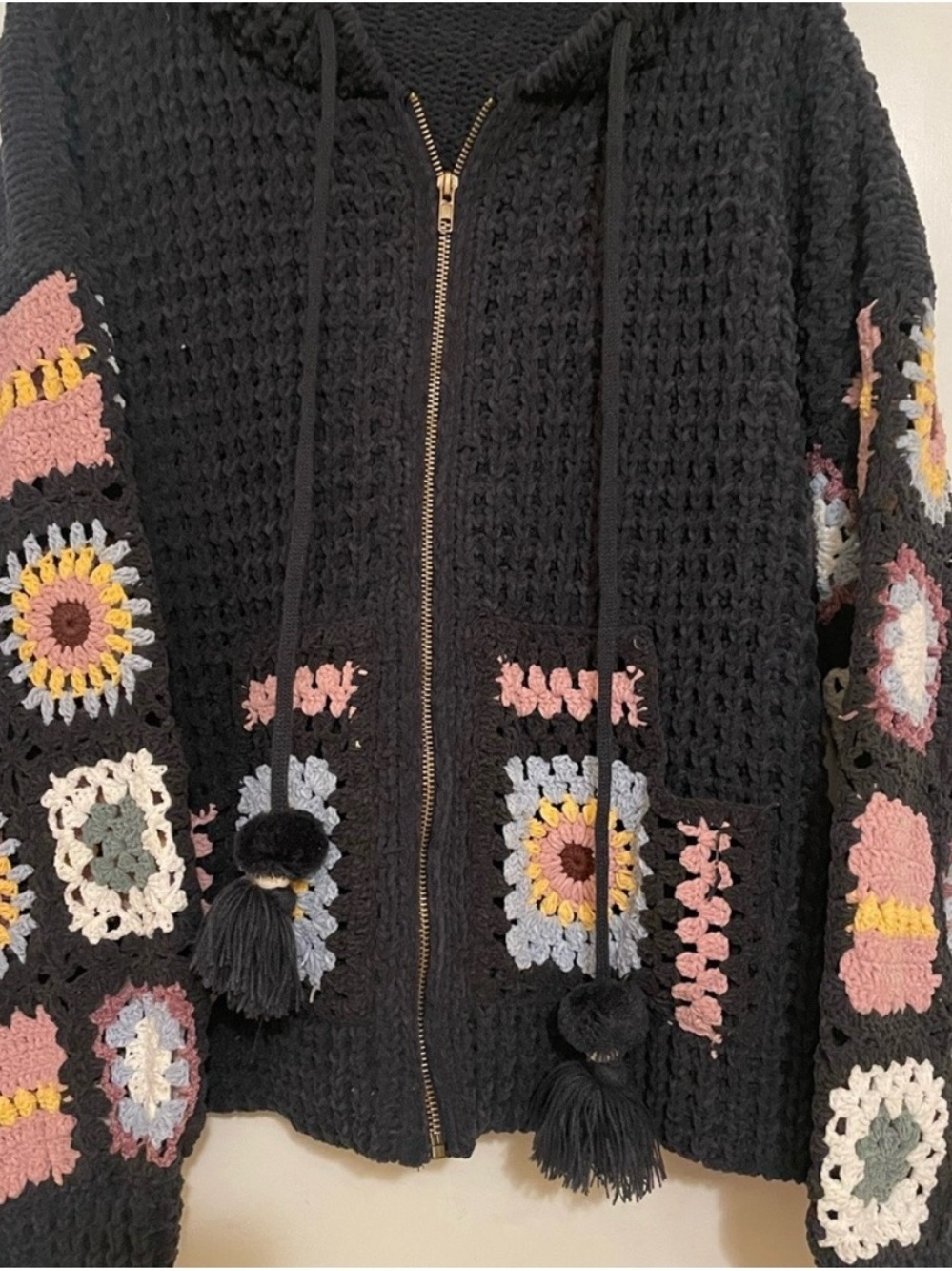 Black Crochet Zip Hoodie with Multicolor Granny Squares